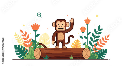 Pixel art monkey standing on a fallen log in a colorful garden filled with blooming flowers and tropical leaves on white base.