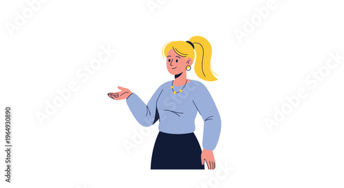 Professional young woman with blonde hair in a ponytail wearing a blue sweater and black skirt gesturing during a presentation.