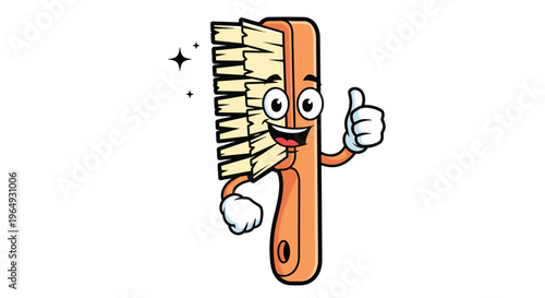 Enthusiastic cartoon brush character with a friendly face giving a thumbs up and sparkling with cleanliness for household chores.