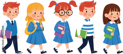 Set of diverse cartoon primary school students walking and carrying books, wearing blue uniforms, isolated on white background, education illustration