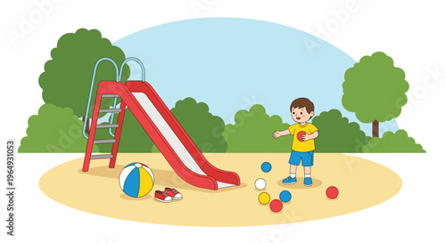 Active little boy playing with several colorful balls at a playground near a red slide in a park with green trees and blue sky.