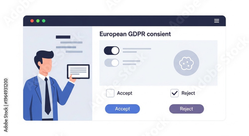 A cartoon businessman in a blue suit holds a tablet next to a GDPR consent pop-up window with accept and reject buttons on a white background