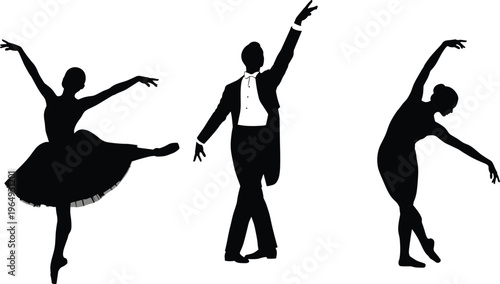 Set of elegant ballet dancer and ballroom performer silhouettes for classical dance theater, stage performance, arts education, and formal event designs.