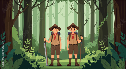 Two young boy scouts in full uniform standing together in a green forest holding walking sticks and a machete for their hike.