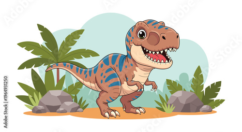 Fearsome yet cute Tyrannosaurus Rex dinosaur walking through a prehistoric valley with palm trees and rocks under a cloudy sky.