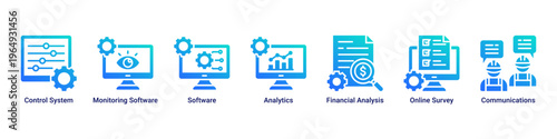 Project Control web banner icon vector illustration with icons of Control System,Monitoring Software,Software,Analytics,Financial Analysis,Online Survey and Communications