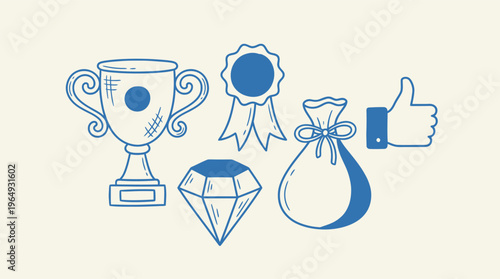 This hand-drawn collection features symbols of success, reward, achievement, and positive feedback in a charming doodle style.