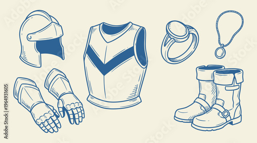 Vintage style hand-drawn illustrations showcasing a complete set of fantasy warrior armor and adventure accessories.