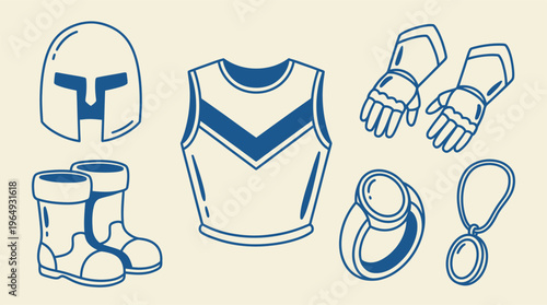 Blue line art illustrations depict fantasy roleplaying armor and accessory equipment set icons