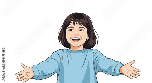 Portrait of a joyful little girl with dark hair wearing a blue sweater and opening her arms for a warm embrace.