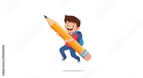Happy young boy with a backpack flying through the air while holding a giant yellow pencil in a creative pose.