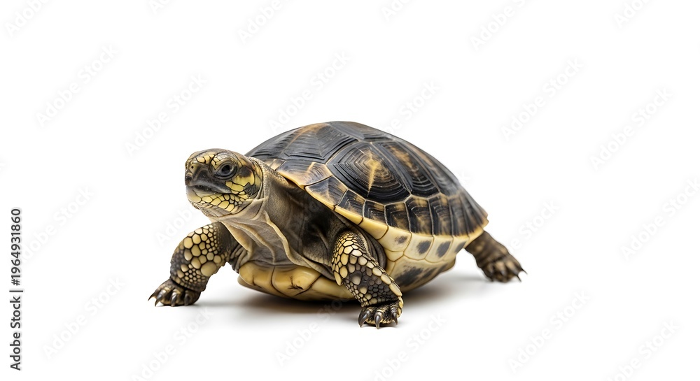 Obraz premium Young tortoise looking at camera on clean white background