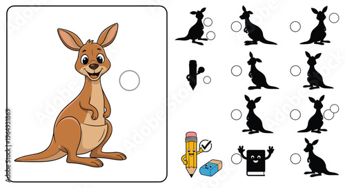 Educational shadow matching logic game for children featuring a cute brown kangaroo and school supplies icons.