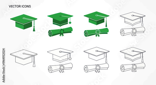 Graduation Caps and Diplomas Icons - Green and Outline Vector Set