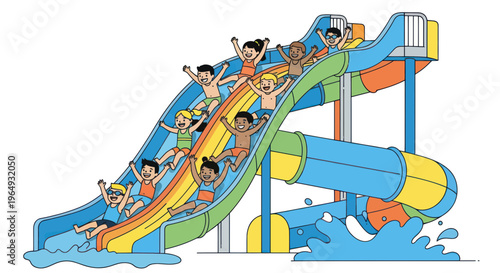 Joyful children sliding down a colorful water slide at a water park, having fun.