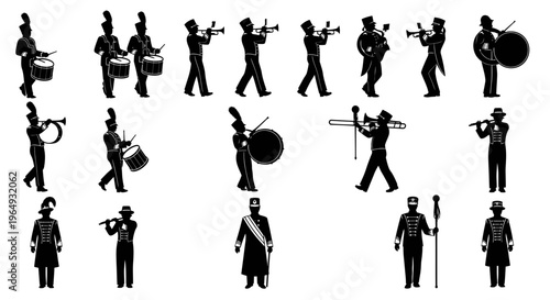 Marching Band Silhouettes: Musicians Playing Instruments and Drum Majors