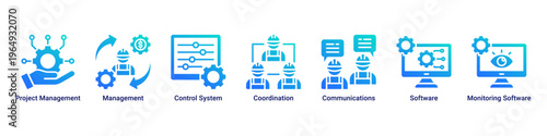 Management System web banner icon vector illustration with icons of Project Management,Management,Control System,Coordination,Communications,Software and Monitoring Software