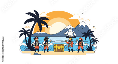 Group of pirates on a sandy beach with a treasure chest palm trees and a ship sailing on the sea at sunset.