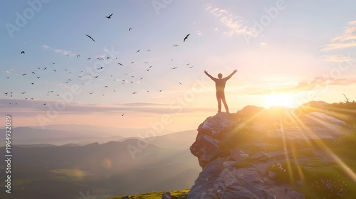 A person standing at the edge of a cliff arms stret