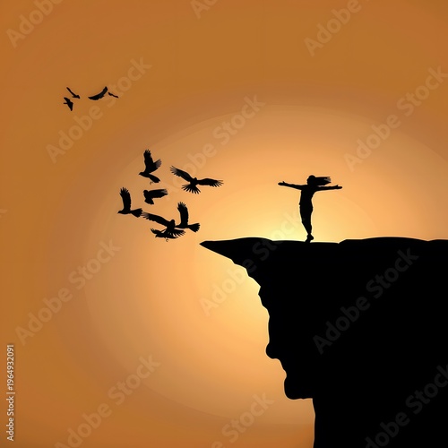 A person standing at the edge of a cliff arms stret