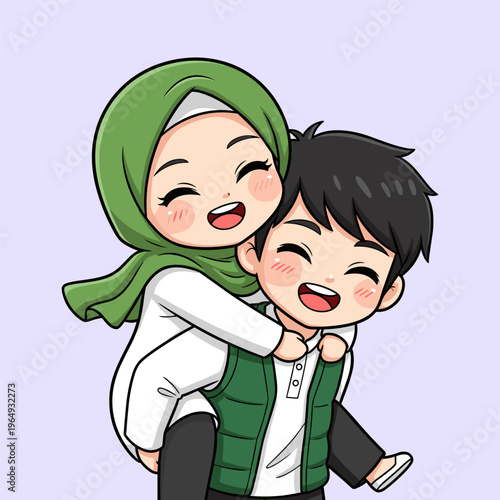 happy couple piggyback ride vector illustration