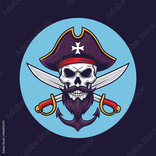 Pirate skull with crossed swords and anchor vector illustration