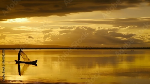 A silhouette of a fisherman casting his net into a river 