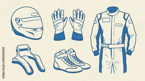 Essential illustration set depicting blue and white professional racing safety gear and protective equipment collection