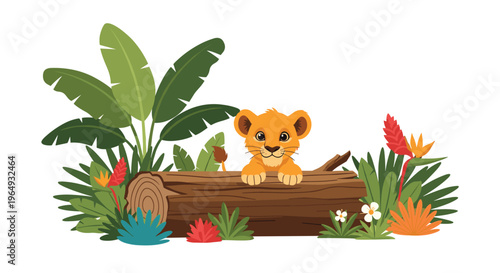 Cute cartoon lion cub peeking from behind a large fallen log surrounded by lush tropical green leaves and exotic jungle flowers.