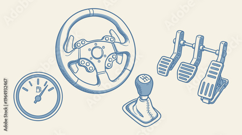 Blueprint illustration of racing simulation controls including a steering wheel, pedals, and gear shift.