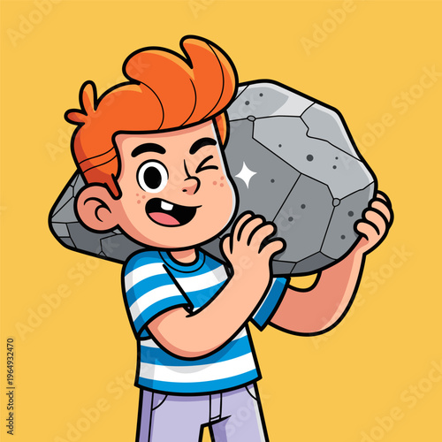 happy boy carrying a large rock vector illustration