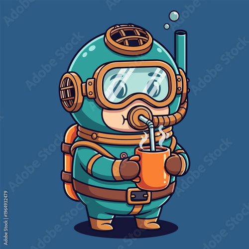 diver in scuba gear drinking coffee vector illustration