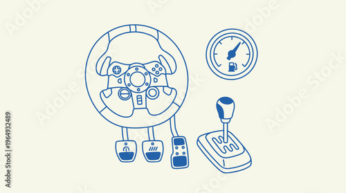 Detailed blue line art illustrates a professional racing simulator setup, featuring a gaming wheel, pedals, and gear shifter.