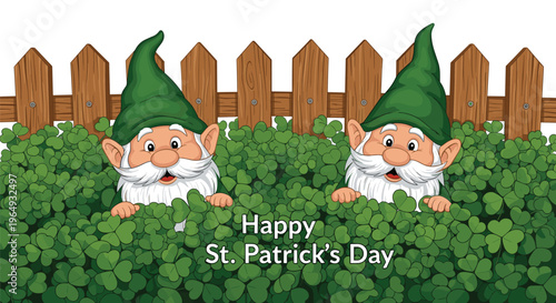 Festive St Patricks Day illustration featuring two cute gnomes peeking out from a dense patch of green clovers in front of a wooden fence.
