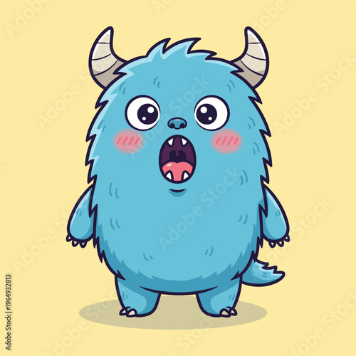 Surprised blue monster vector illustration with horns and rosy cheeks