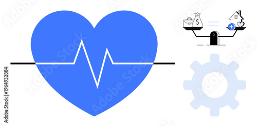 Healthcare balance. Visual of heartbeat with financial and medical icons healthcare priorities. Healthcare focus on wellness, cost, and accessibility. Perfect for medicine, insurance, financial