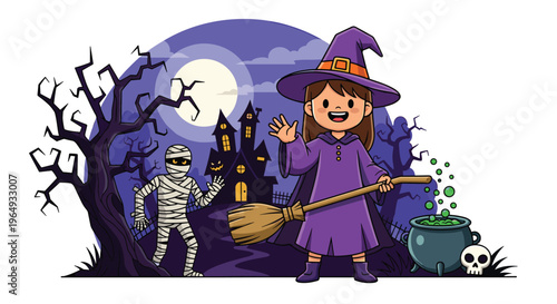 Spooky Halloween scene with a friendly witch and a mummy in front of a haunted house in a graveyard at night under a full moon.