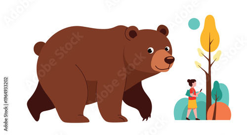 Massive brown bear walking beside a small schoolgirl on a path near colorful stylized trees on a white background.