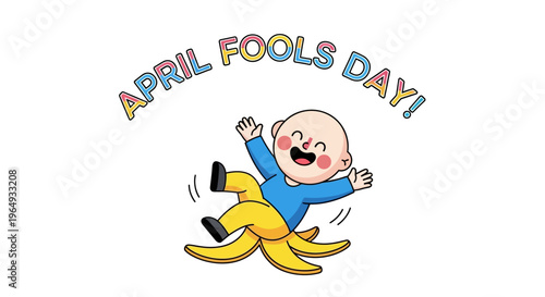 A cheerful cartoon character slipping on a banana peel on April Fools' Day with colorful text, conveying a playful prank lifestyle and humor concept in a funny surprise moment.