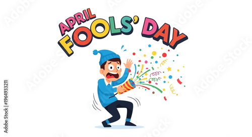 A playful cartoon character celebrating April Fools' Day with a prank, surrounded by colorful confetti and illustrations on a white background.