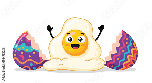 Funny cartoon fried egg with a smiling face hatching from a colorful cracked Easter egg shell on a white background.