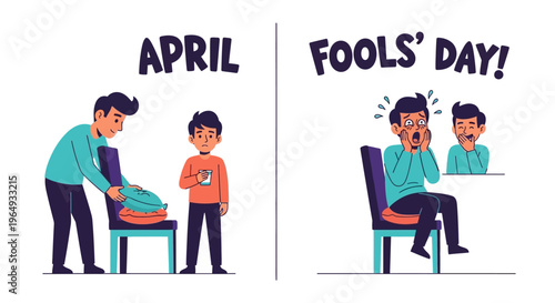 Illustration of a playful prank on April Fools' Day with a man and a boy, conveying humor and jokes concept in a funny surprise moment.