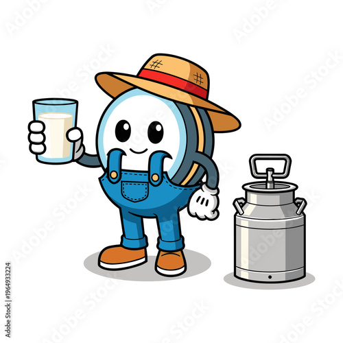 Smiling milk bottle character holding glass of milk with can, vector illustration