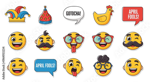 Collection of playful april fools day illustrations featuring various funny emojis and humorous prank elements on a clean white background.