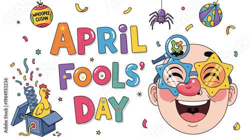 Colorful illustration for April Fools' Day 2026 with a playful prank concept and humor and jokes elements on a white background.