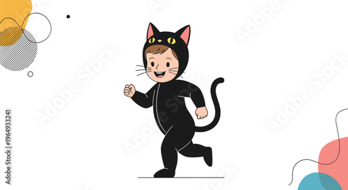 Energetic boy running in a black cat costume with a tail and ears for Halloween or a costume party on a white background.