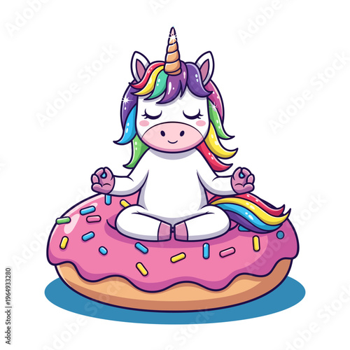 meditating unicorn sitting on pink donut vector illustration