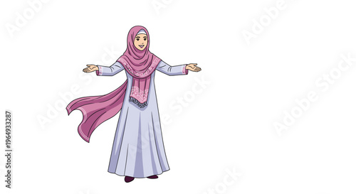 Smiling woman wearing a beautiful lilac hijab and traditional dress with her arms open on a clean white background.