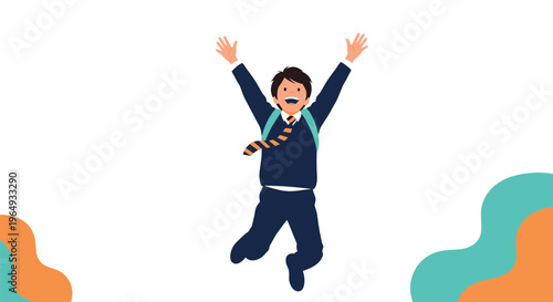 Extremely happy schoolboy in a blue uniform with a backpack jumping for joy against a clean white background for education.