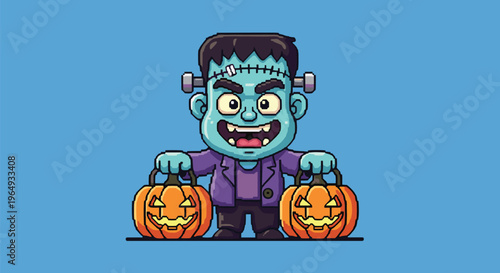 Playful pixel art character of Frankenstein holding two carved jack-o-lanterns against a solid blue background for Halloween celebrations.